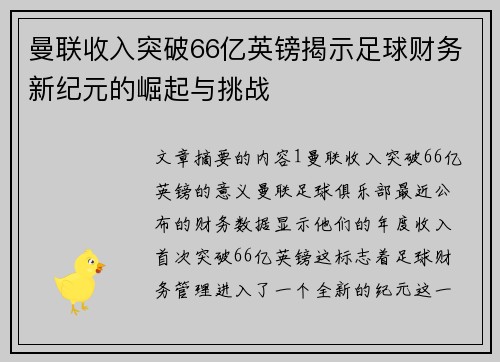 曼联收入突破66亿英镑揭示足球财务新纪元的崛起与挑战