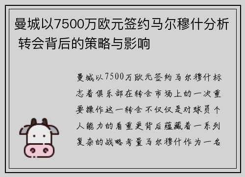 曼城以7500万欧元签约马尔穆什分析 转会背后的策略与影响