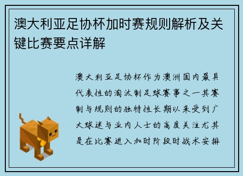 澳大利亚足协杯加时赛规则解析及关键比赛要点详解